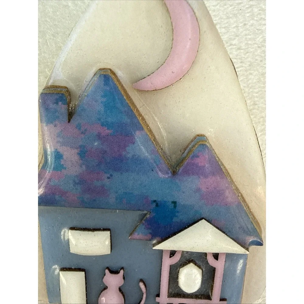 House Pins By Lucinda -Blue, Purple House, Pink Moon, Pink Cat, Night Sky #562